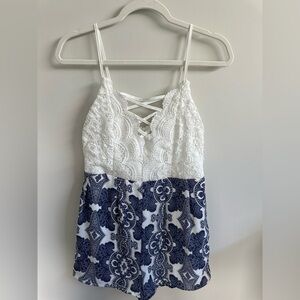 ❤️ Charlotte Russe Ladies Lace One Piece Romper White and Blue Small